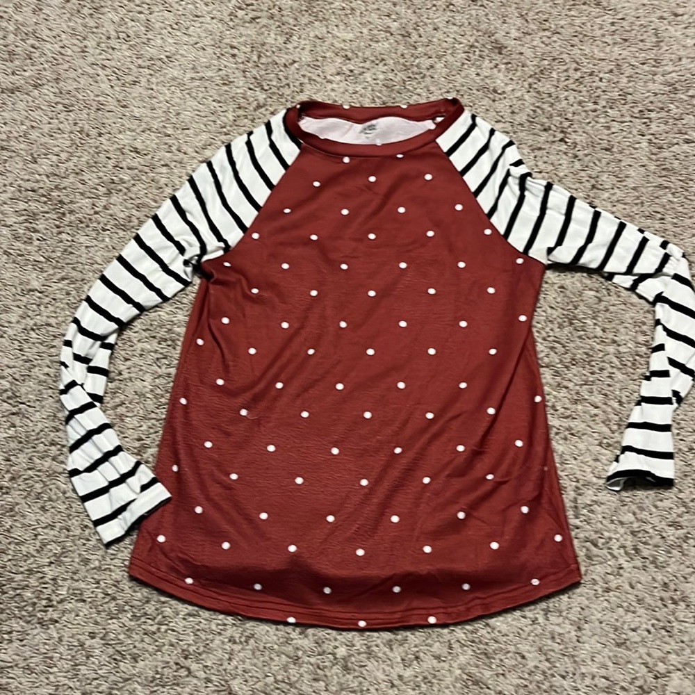 Tickled teal long sleeve shirt. Burnt orange with black and white stripes